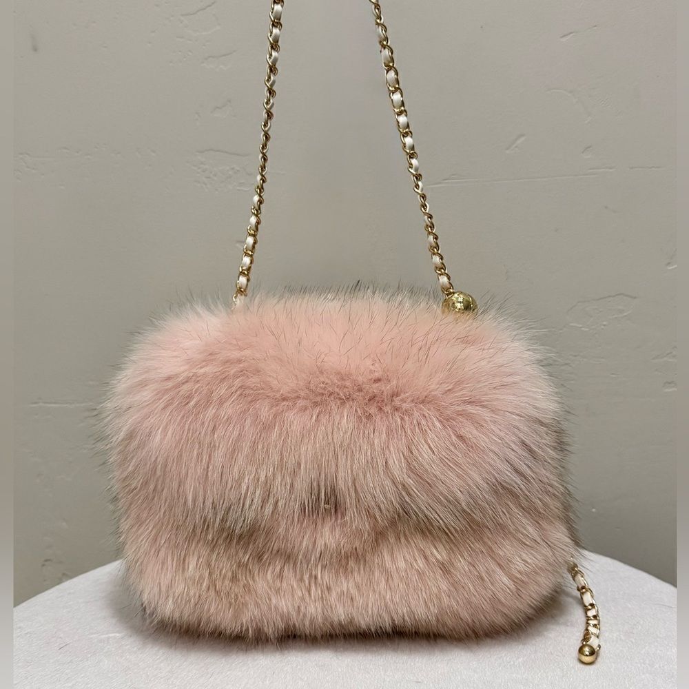 Blush Pink Luxury Premium Real Fox Fur Handmade Shoulder Bag, Fox Fur Crossbody